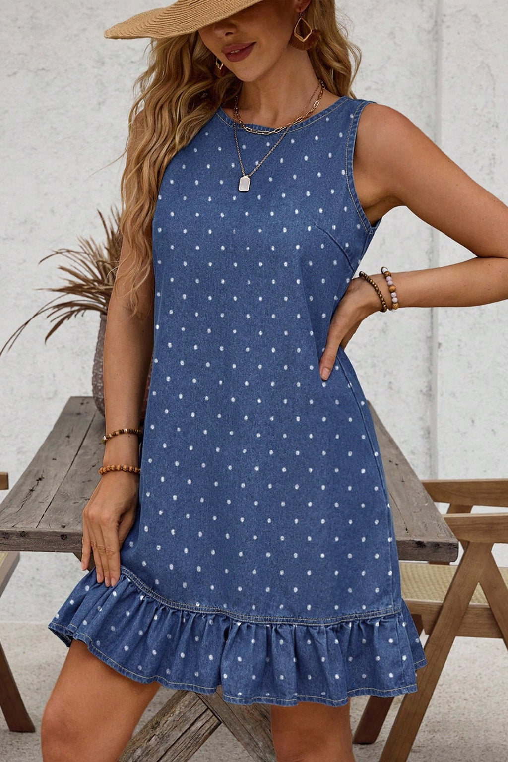 Polka Dot Denim Ruffle Mini Dress