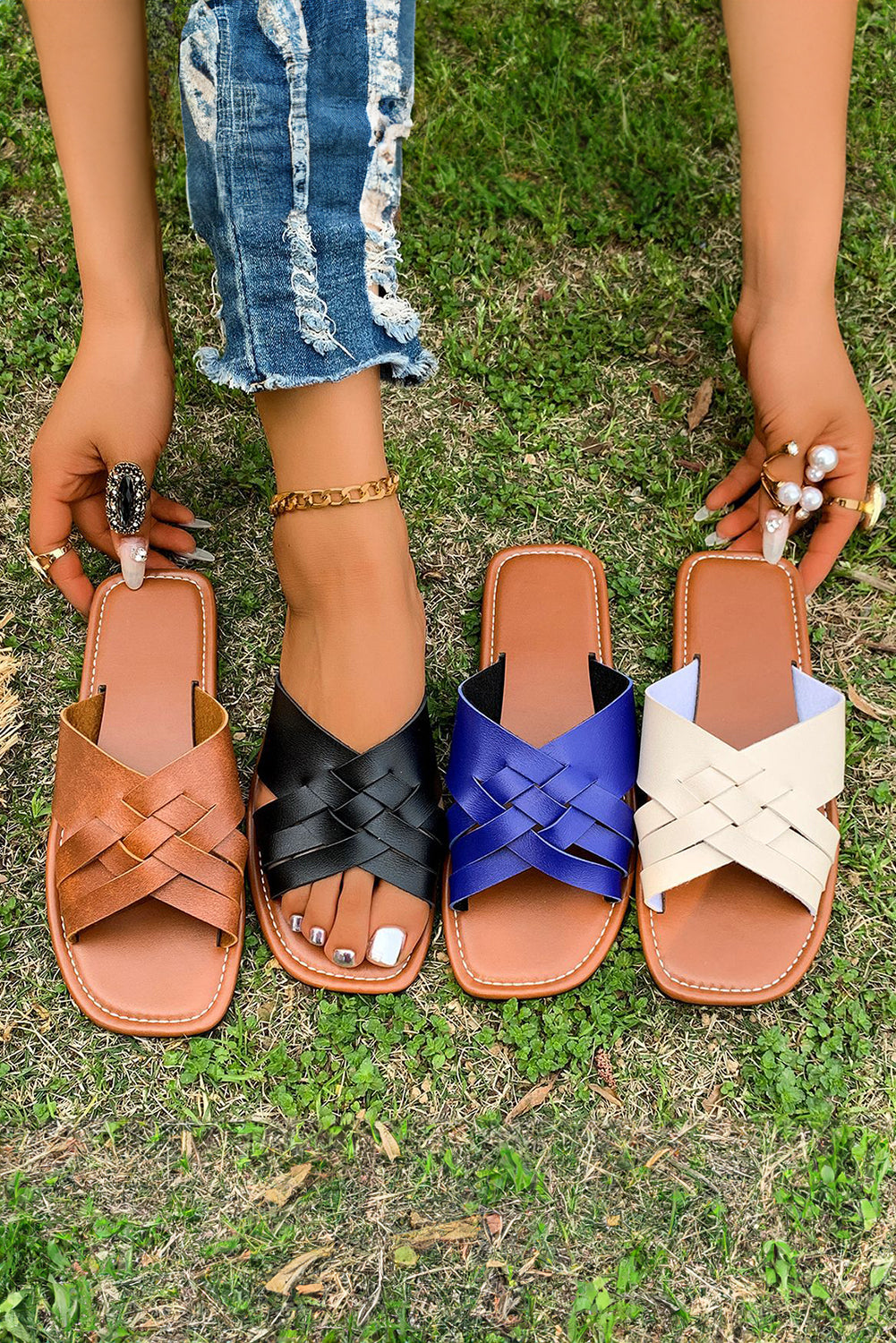 Coffee Woven Cross Strap Slides