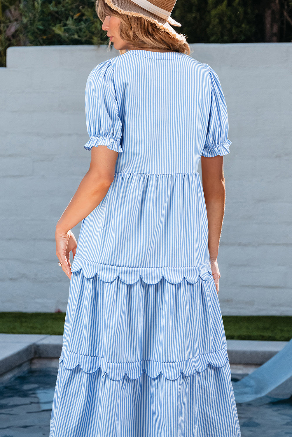 Noah Striped Tiered Scallop Midi Dress