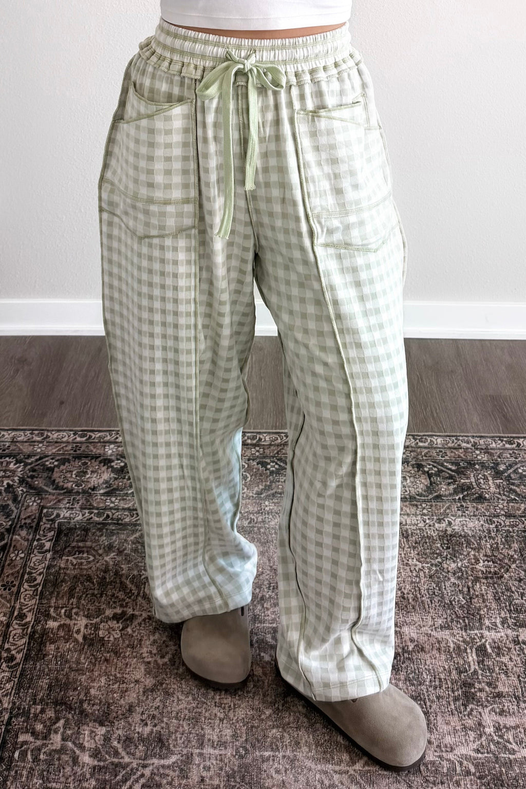 Green Plaid Drawstring Pants