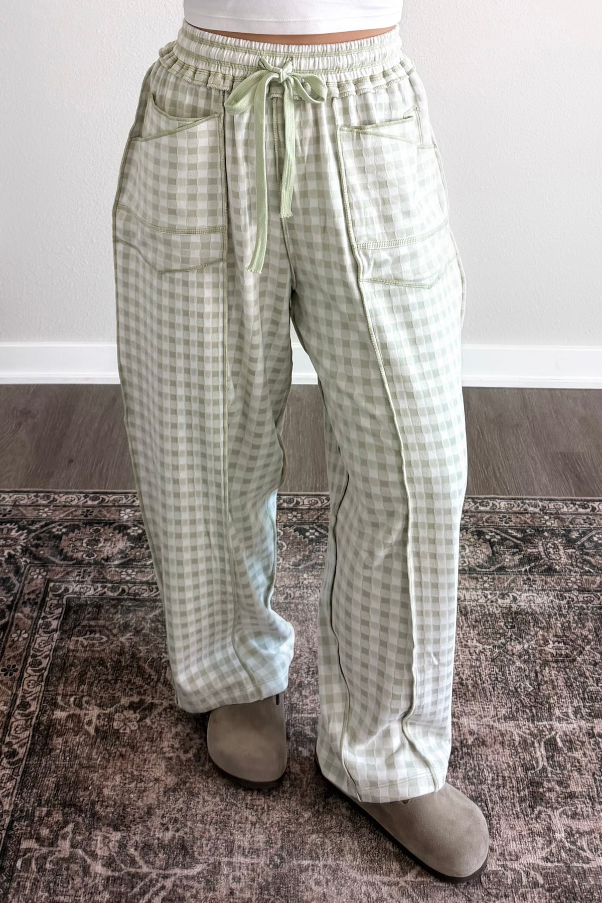 Green Plaid Drawstring Pants