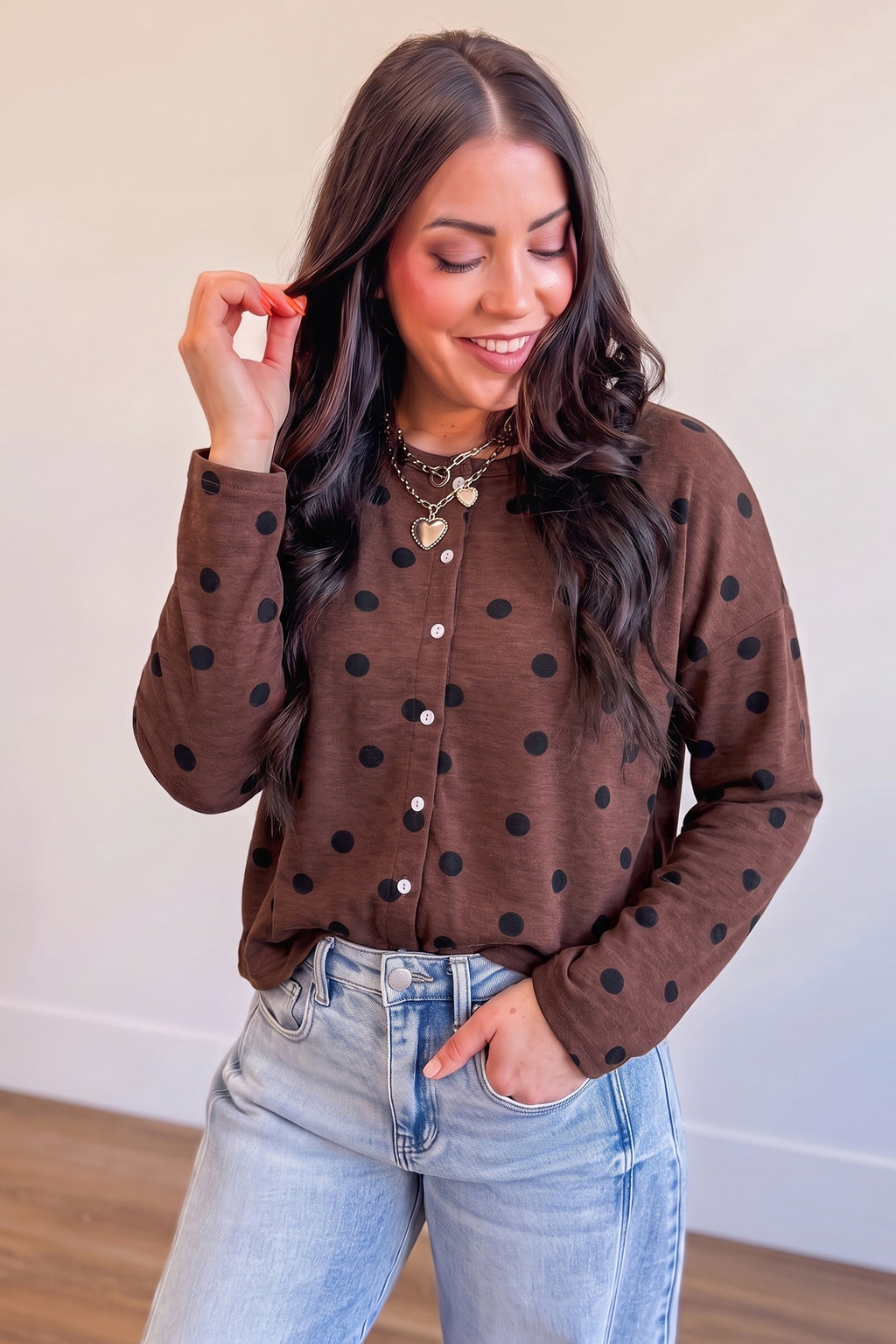 Brown Polka Dot Button Front Top