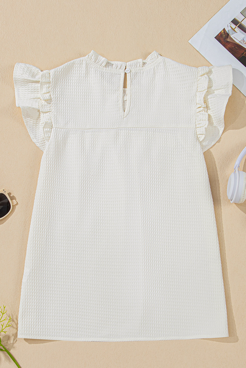 White Waffle Knit Ruffle Sleeve Top