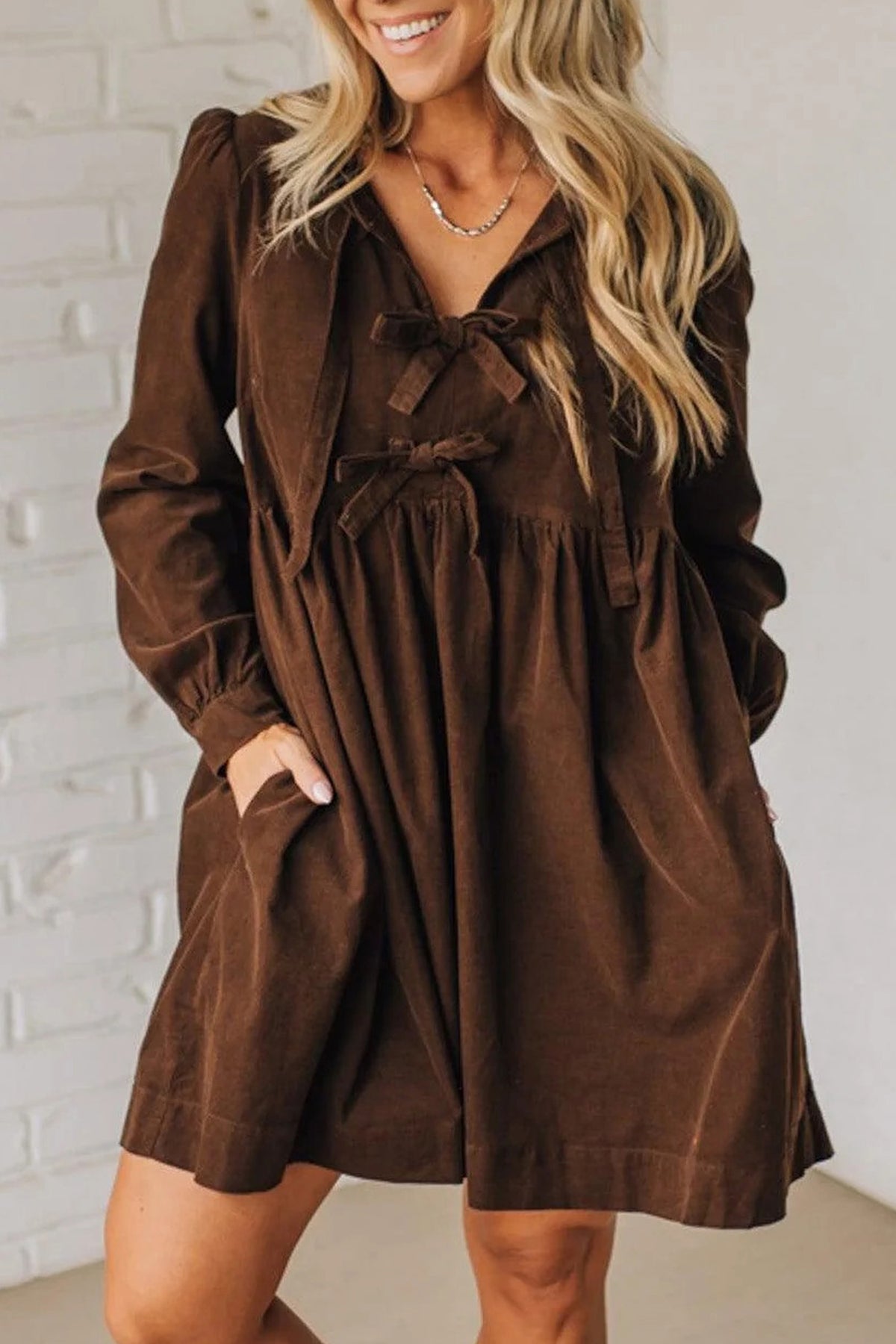 Coffee Corduroy Bow Front Mini Dress