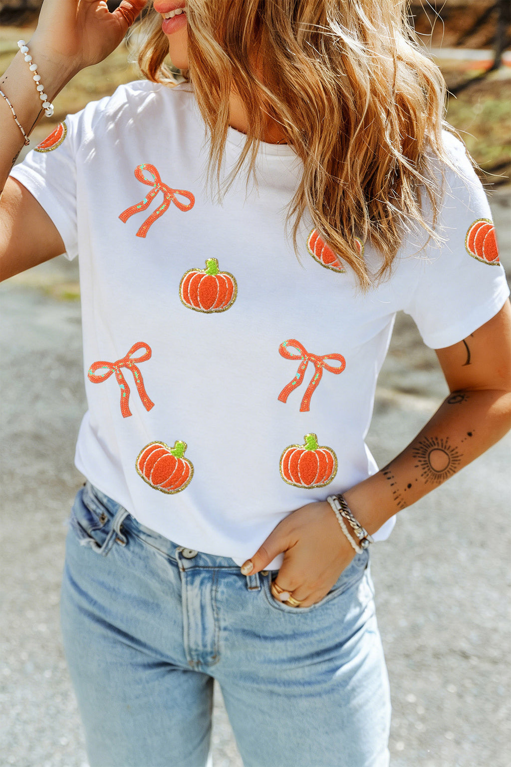 Sequin Pumpkin Bow Graphic Tee