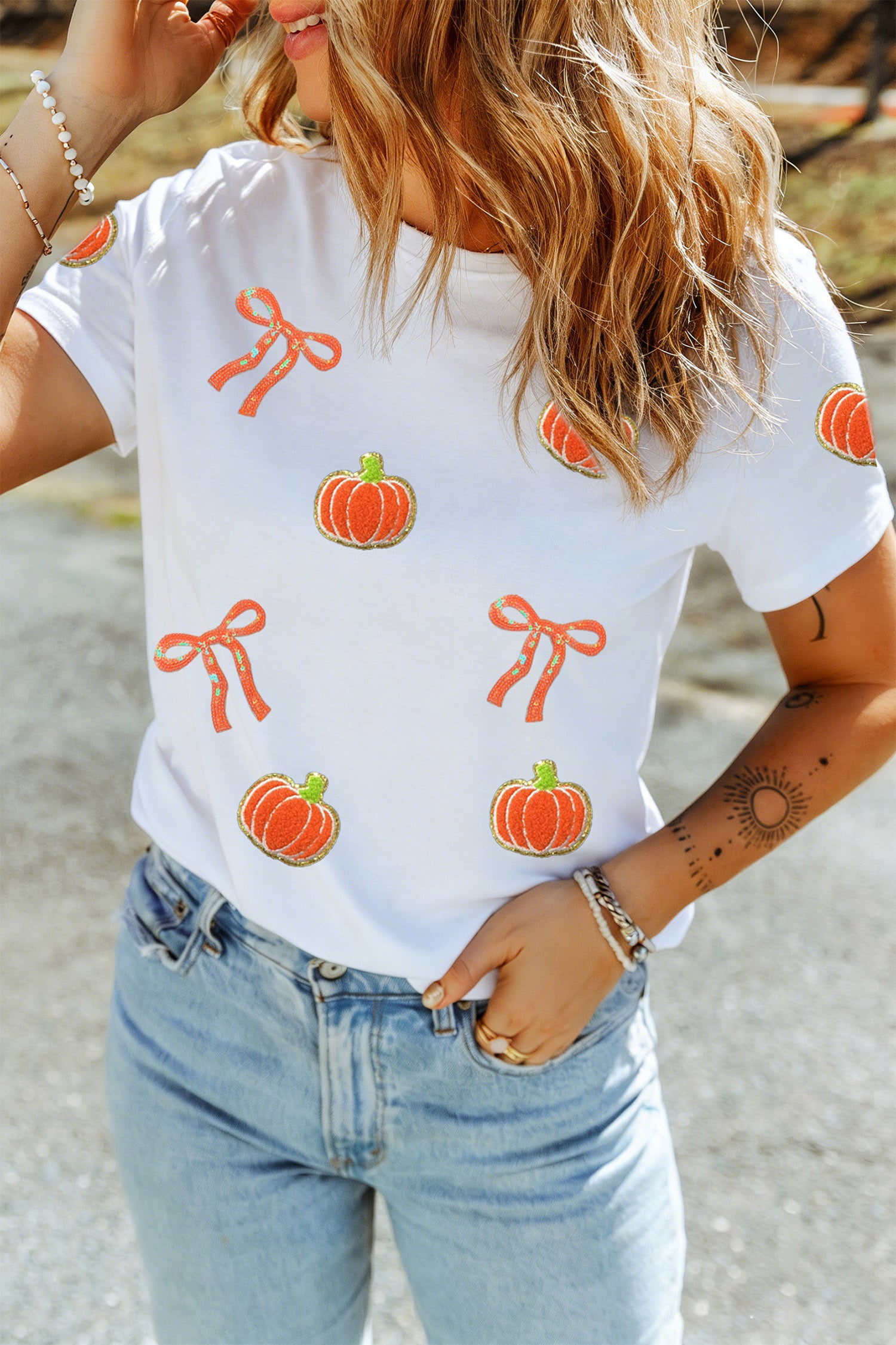 Sequin Pumpkin Bow Graphic Tee