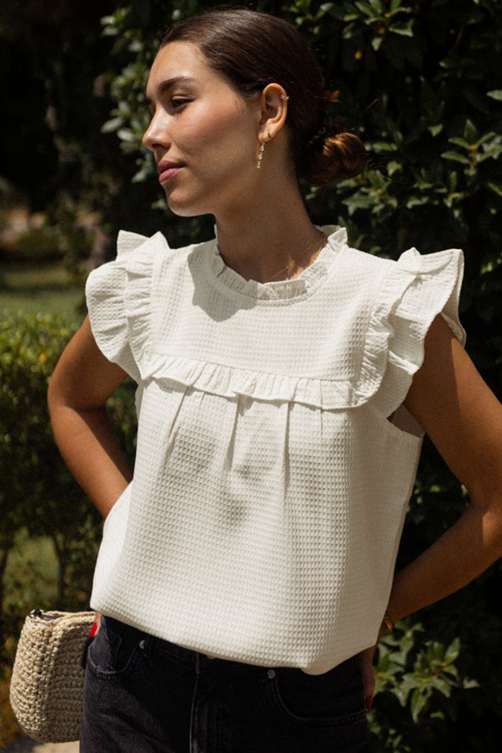 White Waffle Knit Ruffle Sleeve Top