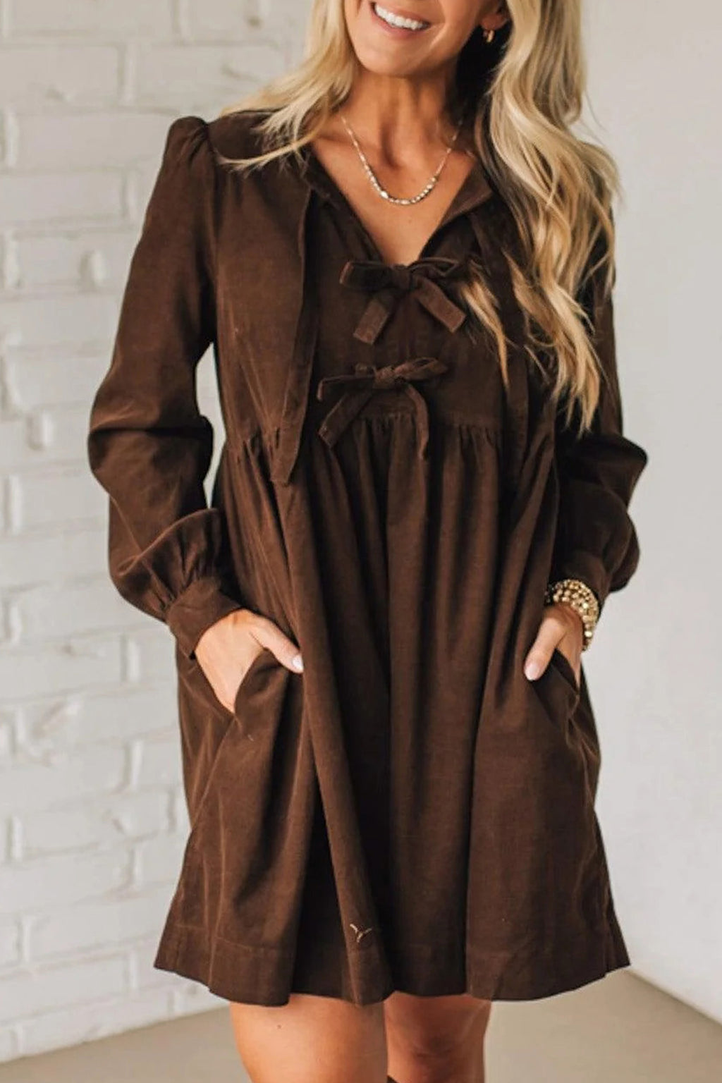 Coffee Corduroy Bow Front Mini Dress