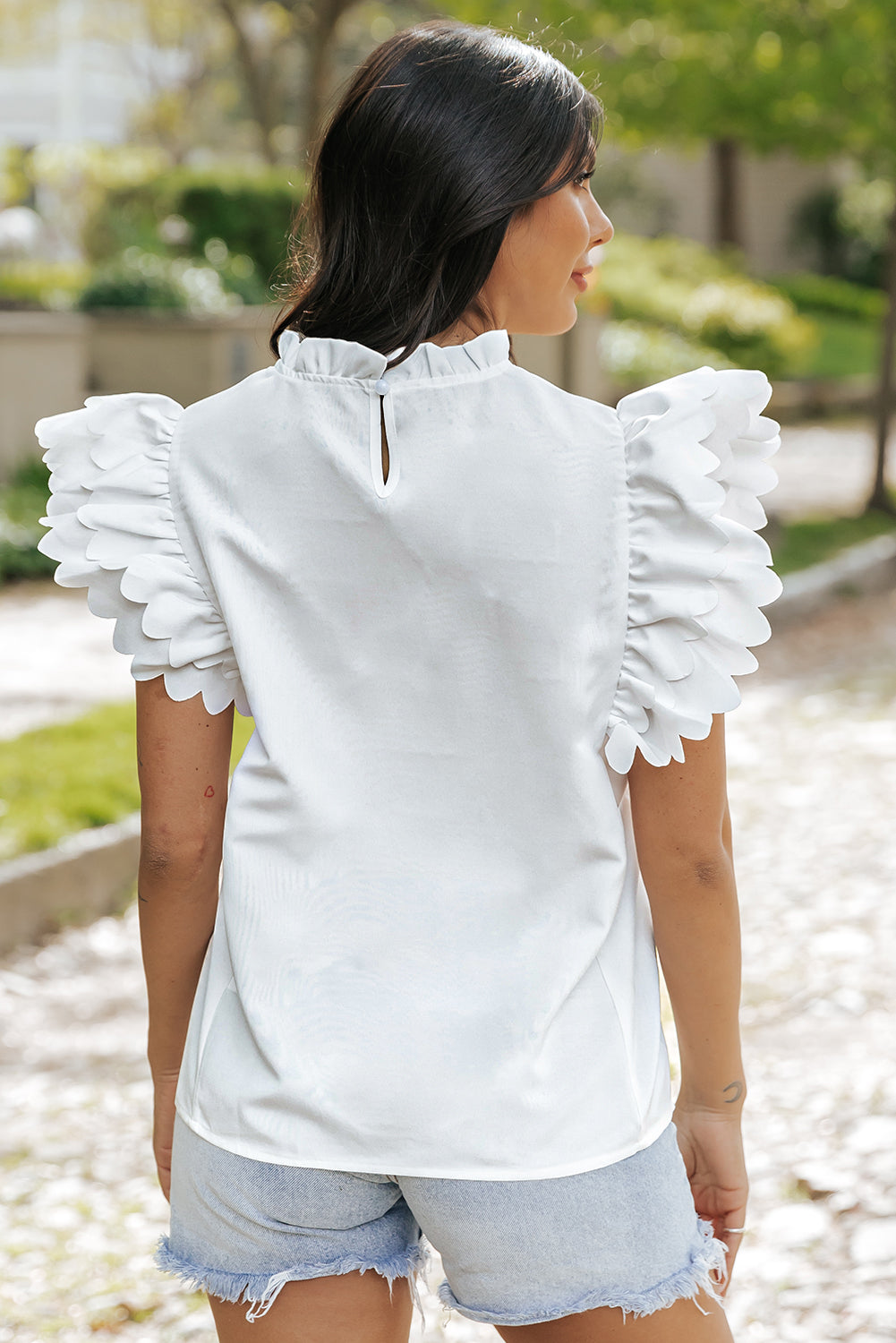 Milan White Scalloped Ruffle Sleeve Top