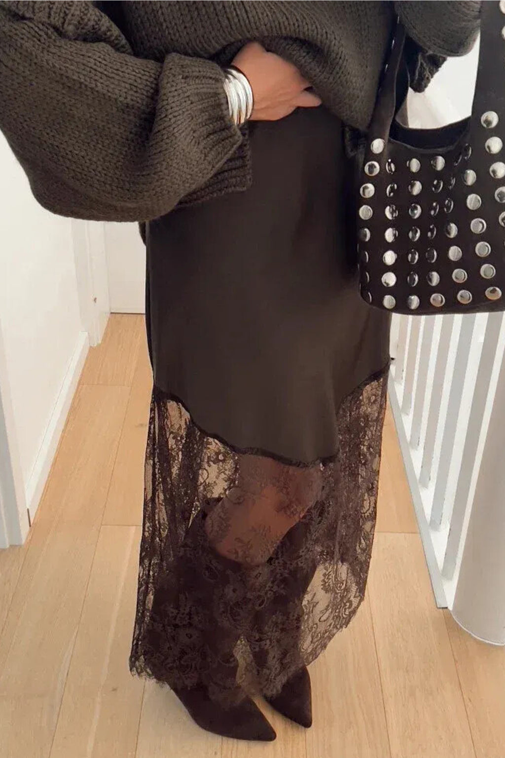 Dark Brown Lace Trim Midi Skirt
