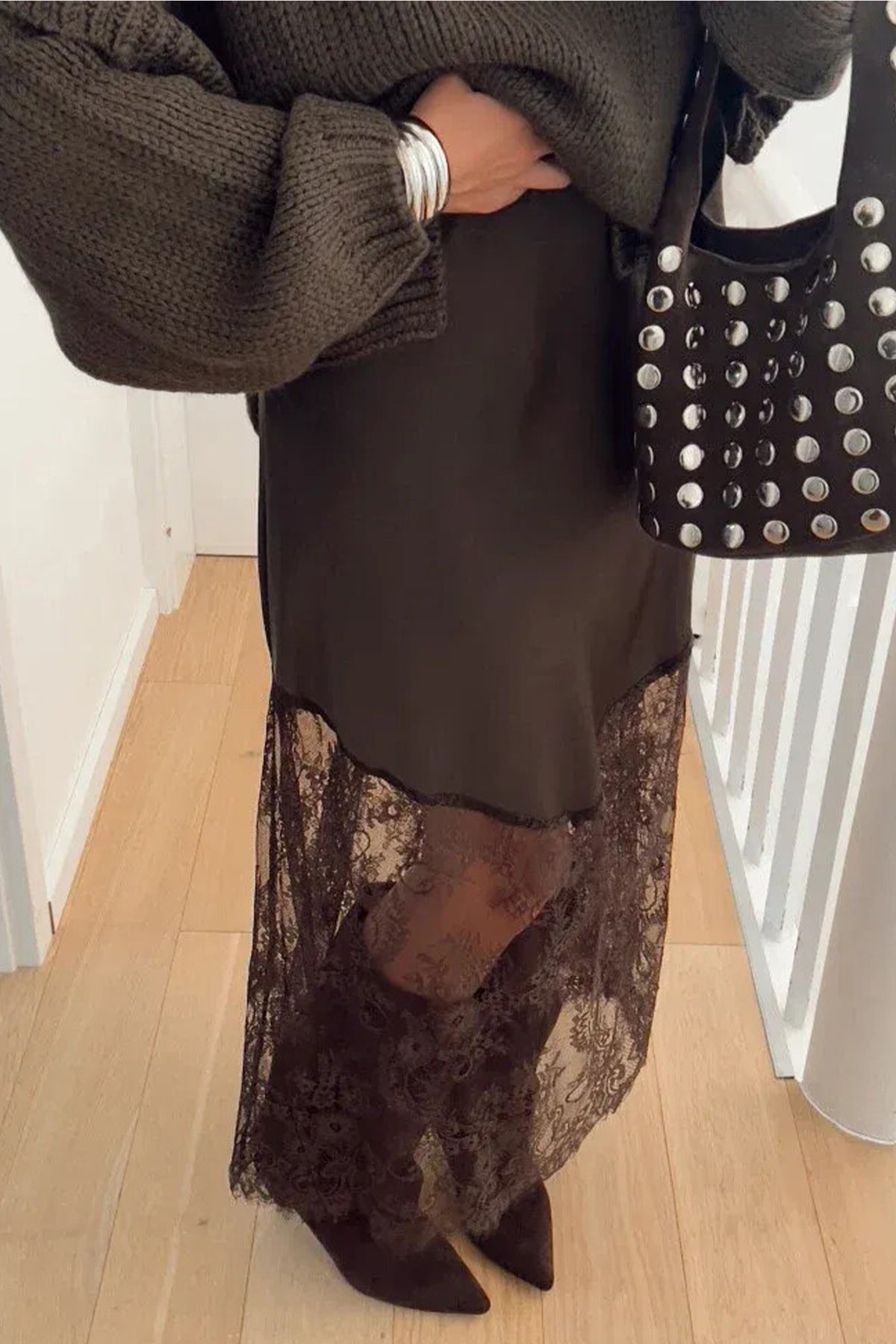 Dark Brown Lace Trim Midi Skirt