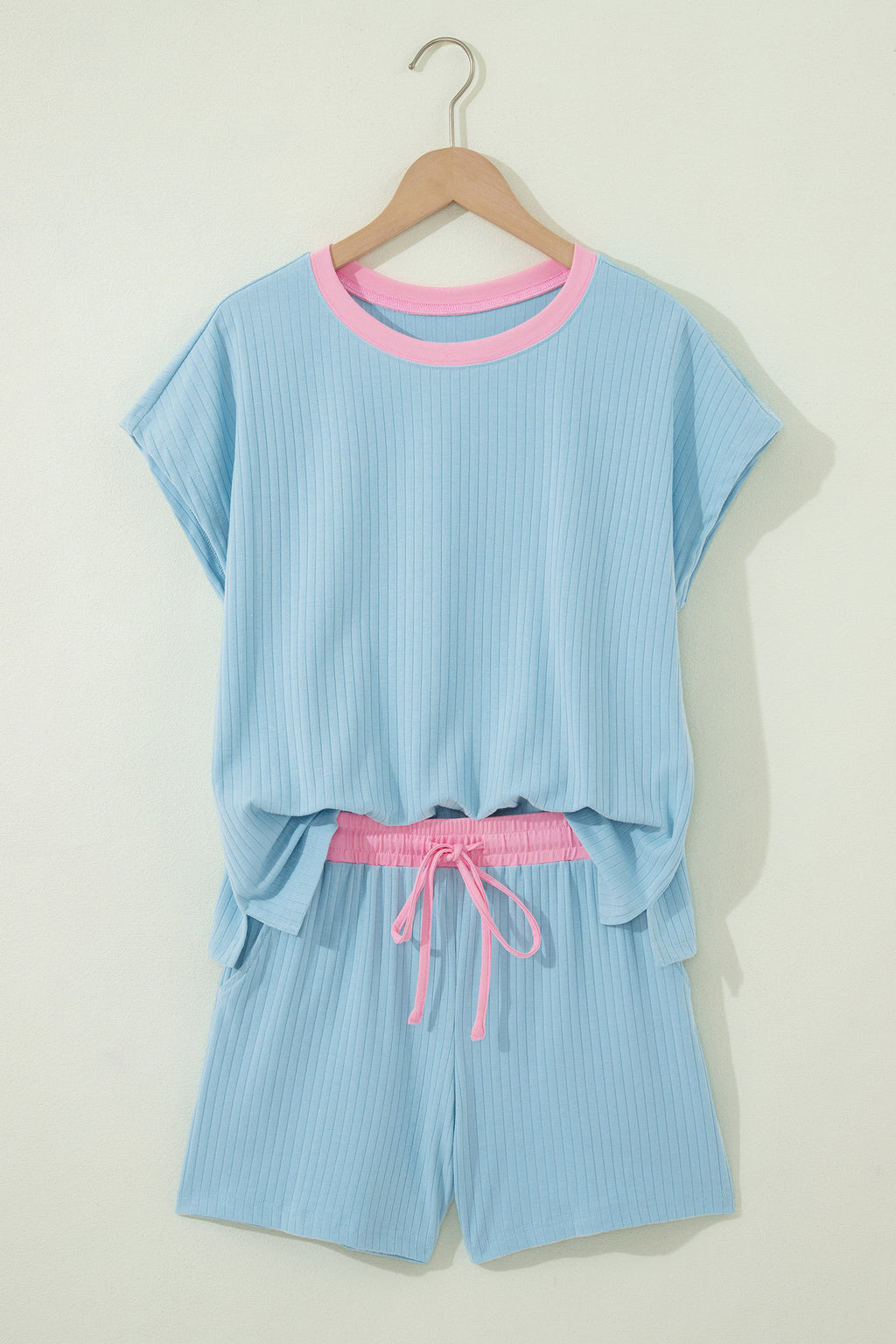 Ribbed Contrast Trim Casual Shorts Set