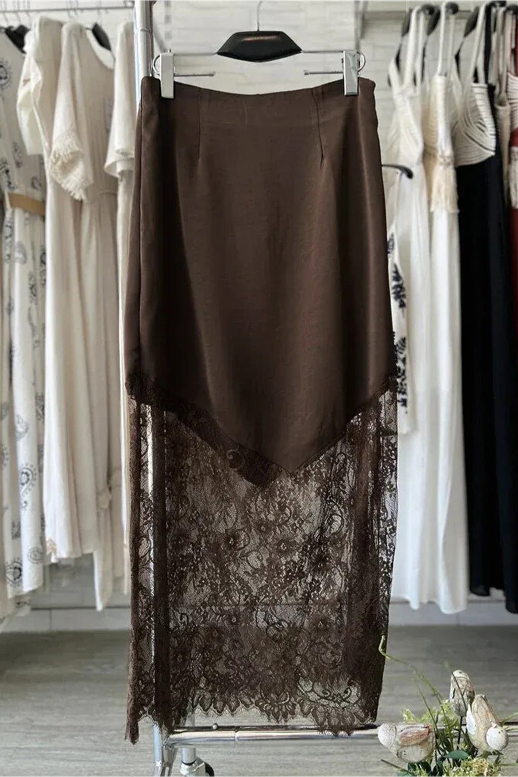 Dark Brown Lace Trim Midi Skirt