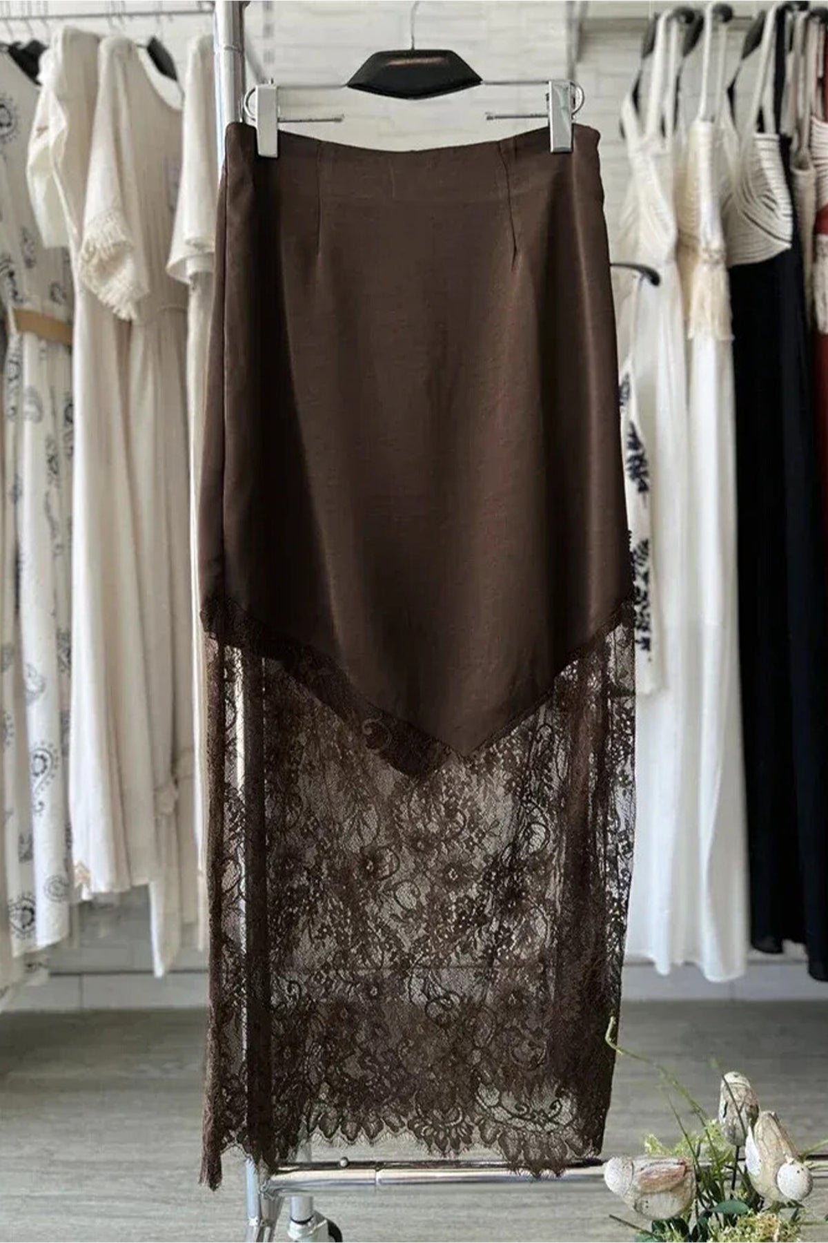 Dark Brown Lace Trim Midi Skirt