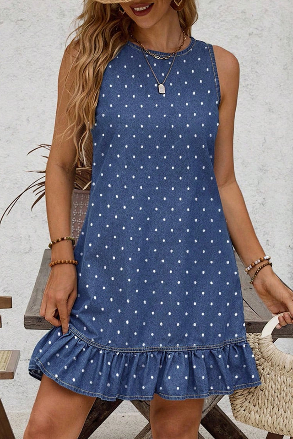 Polka Dot Denim Ruffle Mini Dress
