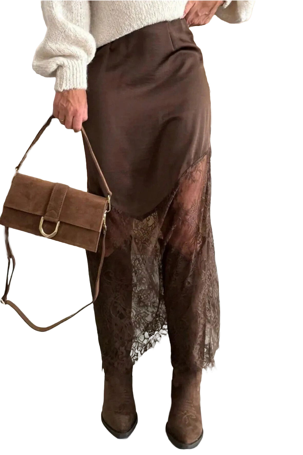 Dark Brown Lace Trim Midi Skirt