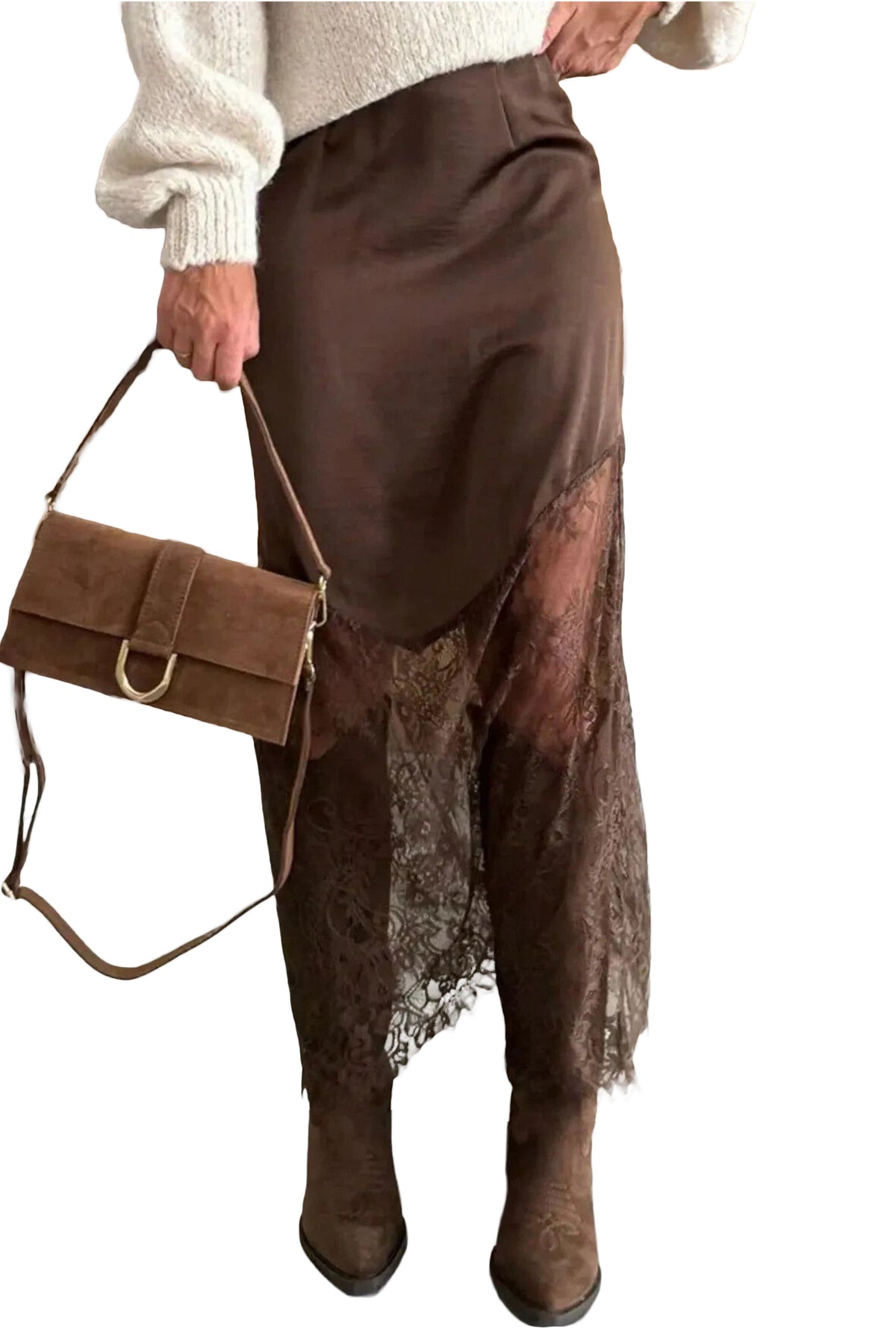 Dark Brown Lace Trim Midi Skirt