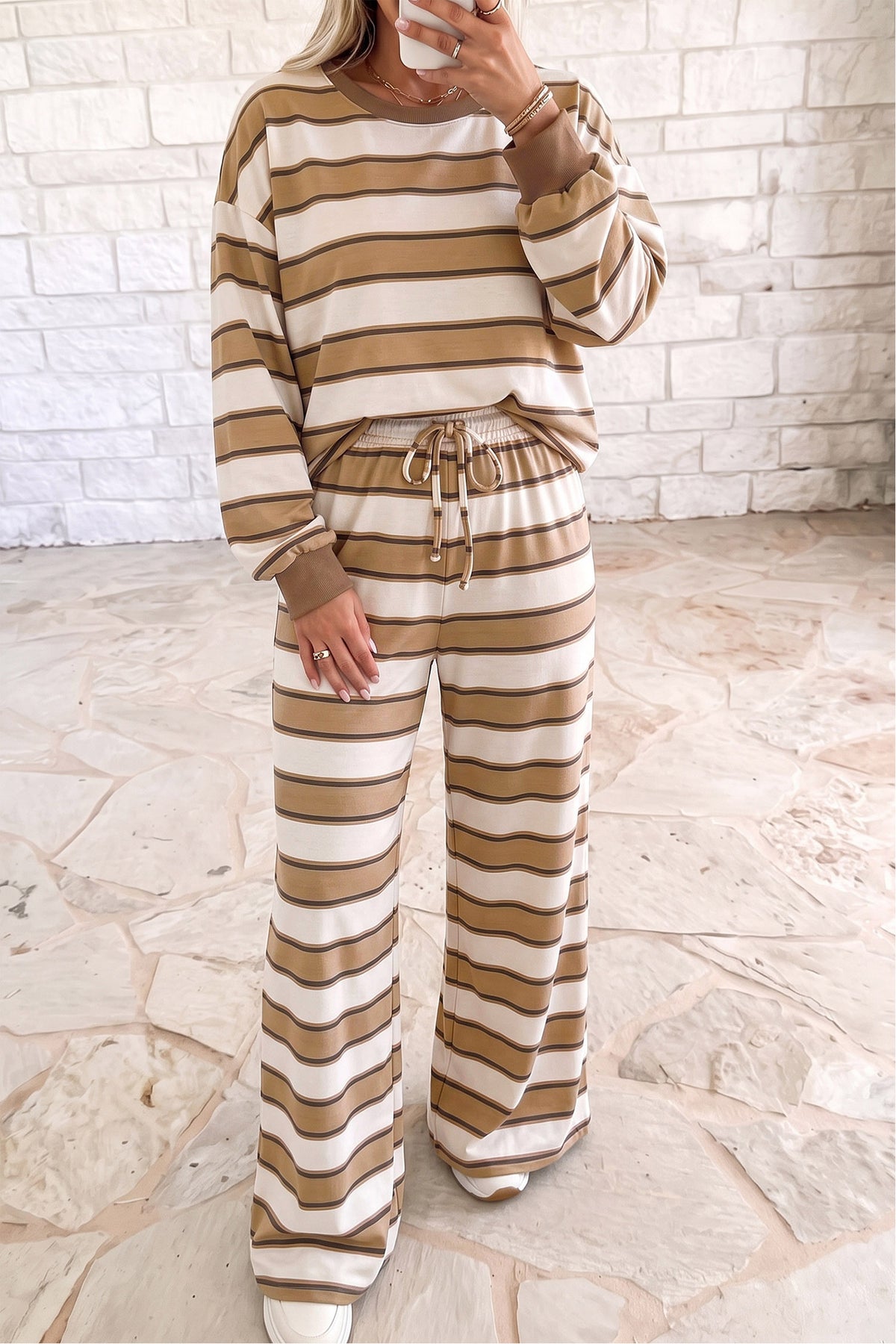 Khaki Stripe Contrast Trim Two-Piece Pants Set