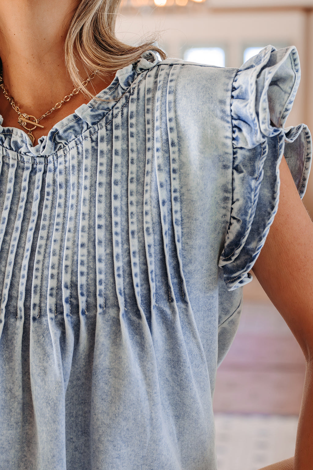 Beau Blue Vintage Wash Ruffle Denim Top