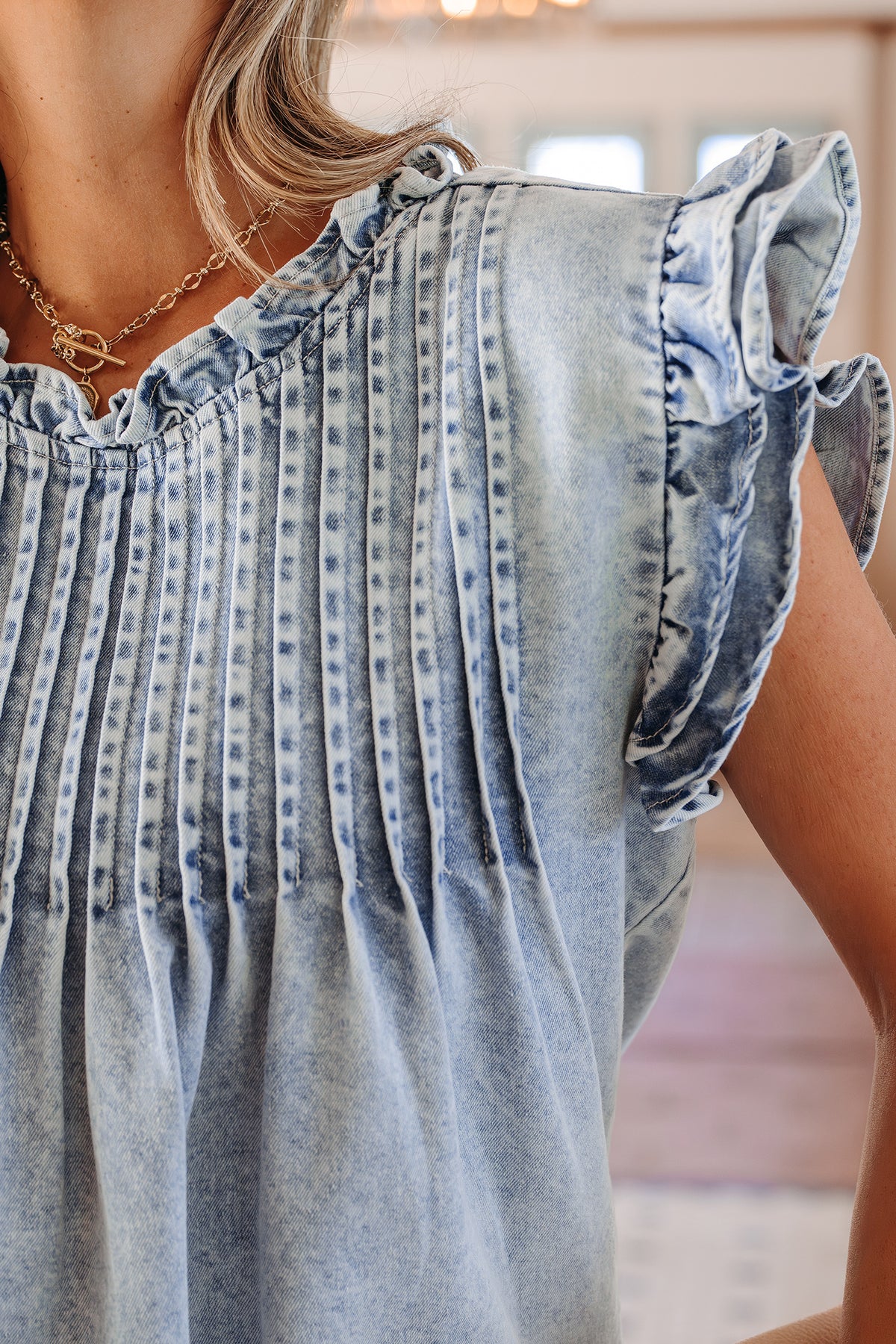 Beau Blue Vintage Wash Ruffle Denim Top
