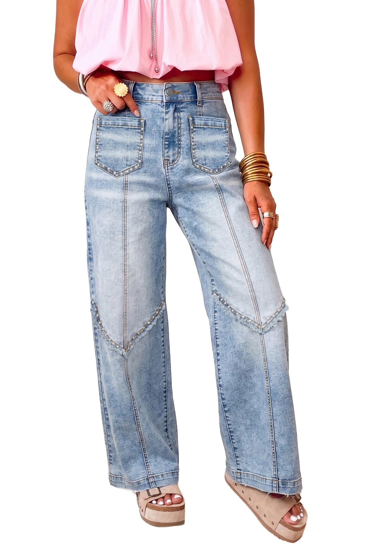 Studded Frayed Wide-Leg Jeans