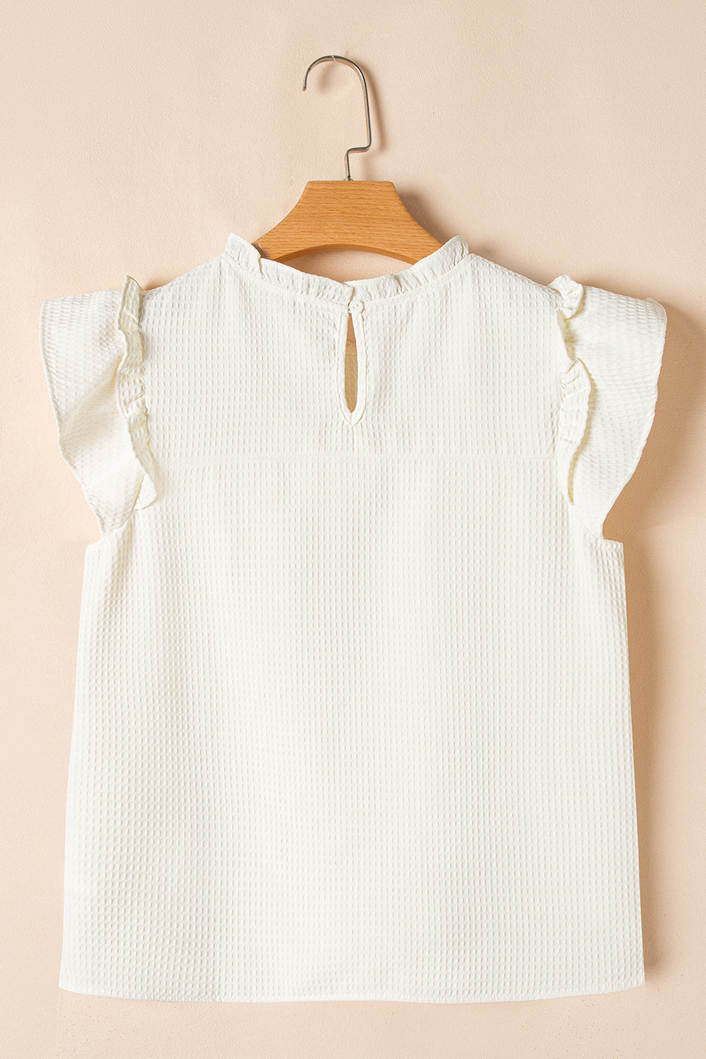 White Waffle Knit Ruffle Sleeve Top