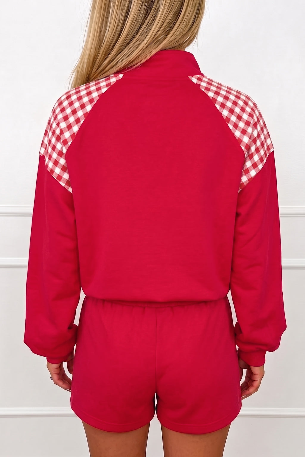 Gingham Patchwork Half-Zip Shorts Set