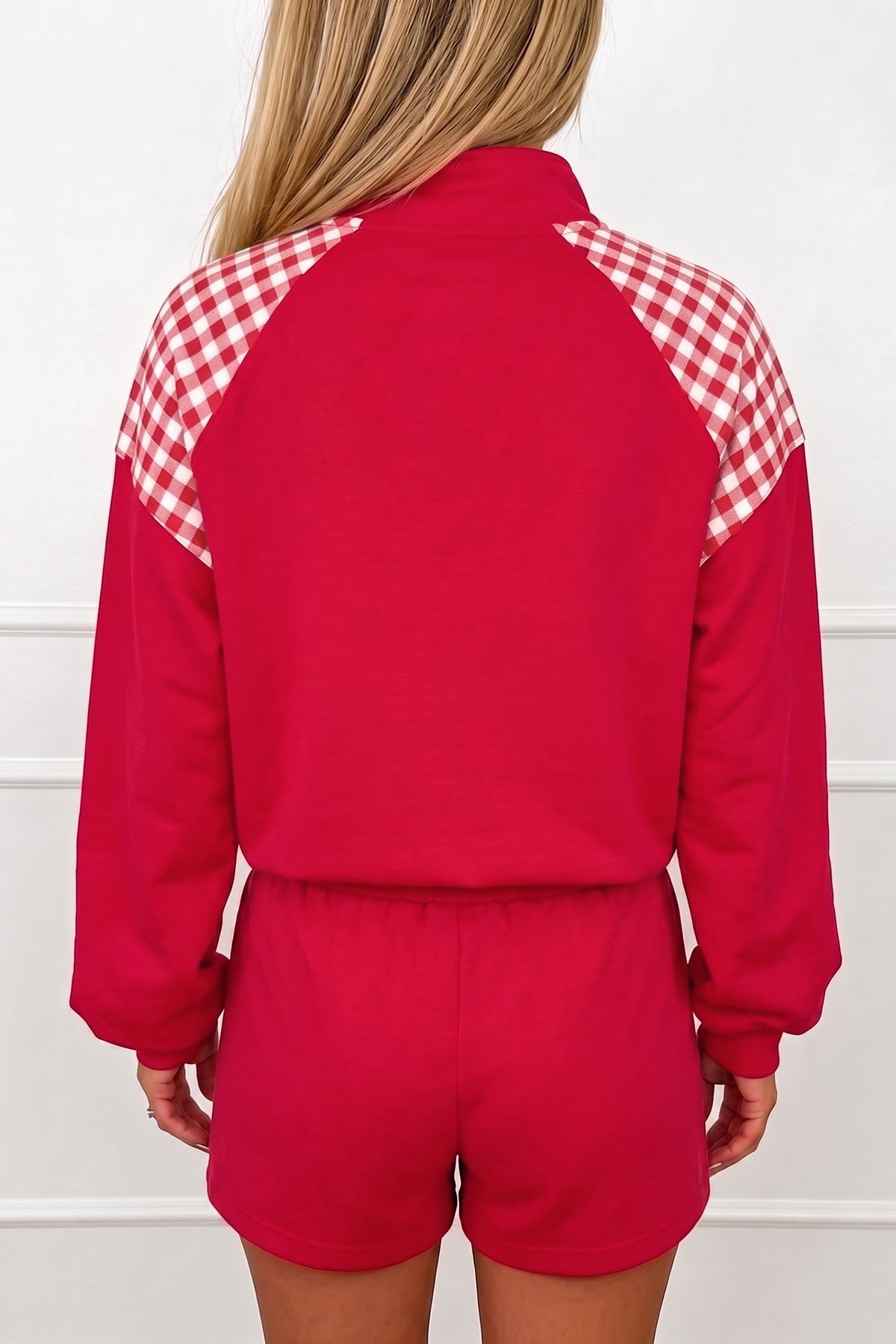 Gingham Patchwork Half-Zip Shorts Set